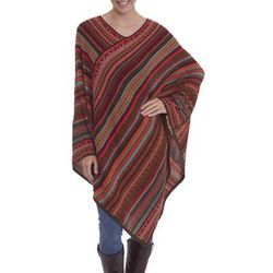 Rivers of Red,'Red and Multi-Color Striped Acrylic Knit Poncho'