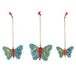 Winged Fantasy in Teal,'Weeping Willow Wood Holiday Ornaments from India (Set of 3)'