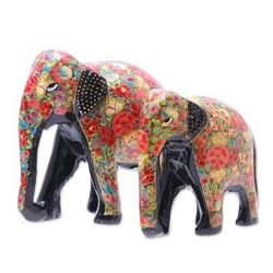 'Hand-Painted Floral Papier Mache Elephant Sculptures (Pair)'