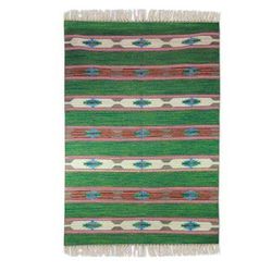 Indian Meadows,'Wool Dhurrie Rug (4x6) in Green, Orange and Blue'