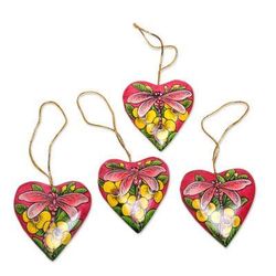 Dragonfly Love,'4 Hand Painted Balinese Heart Ornaments with Dragonflies'