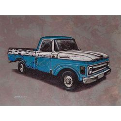 By the Road,'Signed Painting of a Blue Pickup Truck from Peru (2018)'