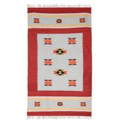 Starry Frame,'Scarlet and Celadon Wool Area Rug from India (3x5)'