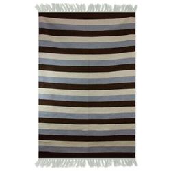Bold Horizon,'Modern Dhurrie Rug in Brown and Blues (4x6)'