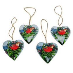 Birds in My Heart,'4 Hand Painted Heart Ornaments with Scarlet Macaws'