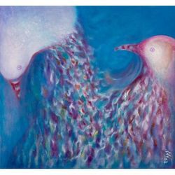 Explorers of the Ocean,'Signed Expressionist Painting of Pigeons and Blue Sea'