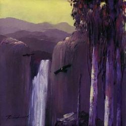 Torrent,'Andean Waterfall Landscape in Purple Shades Oil Painting'