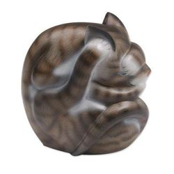 Virtuous Kitty,'Curled Wood Cat Sculpture in Grey and White from Bali'