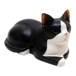 Reclining Cat,'Hand Carved Suar Wood Cat Statuette'