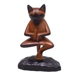 Vrkasana Cat,'Hand Carved Suar Wood Figure of a Cat in Yoga Position'