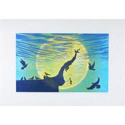Under the Moonlight,'Signed Woodcut Print of Birds on a Thai Temple Roof'