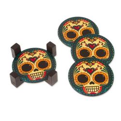Loving Skull,'4 Day of the Dead Smiling Skulls Decoupage Wood Coaster Set'