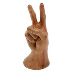 Peace, Man,'Realistic Bali Peace Sign Hand Sculpture in Hand Carved Wood'