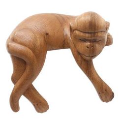 Sleeping Monkey in Brown,'Hand Made Suar Wood Monkey Statuette'