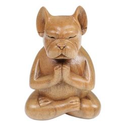 'Hand-Carved Brown Suar Wood French Bulldog Sculpture'