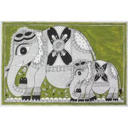 Elephant Connection,'Signed Madhubani Painting of Mother and Baby Elephant'