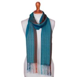 Mountain Rain,'Baby Alpaca Blend Hand Woven Blue and Orange Striped Scarf'