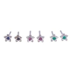 Color Prism,'Gemstone Stud Earrings with Floral Motif (Set of 3)'