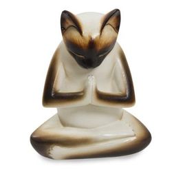 Wood sculpture, 'Kitty Meditates' - Original Hand Carved Cat Sculpture