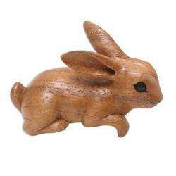 Curious Rabbit in Brown,'Handcrafted Suar Wood Rabbit Sculpture in Brown from Bali'