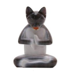 Full Lotus Cat in Grey,'Suar Wood Lotus Pose Yoga Cat Sculpture in Grey from Bali'