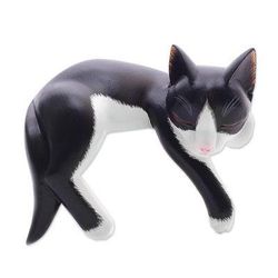 'Balinese Signed Hand-Carved Sleeping Tuxedo Cat Sculpture'