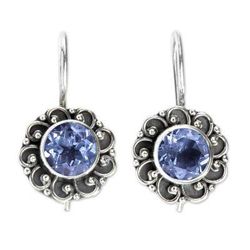 Singaraja Sunflower Blue,'Balinese Blue Topaz Sunflower Drop Earrings'