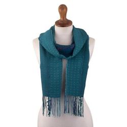 Peacock Path,'Teal Patterned Baby Alpaca Blend Scarf'