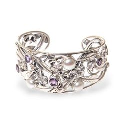 Amethyst and cultured pearl cuff bracelet, 'Temple Garden'