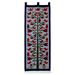 'Bird-Themed Handloomed Blue Wool Tapestry Made in Peru'