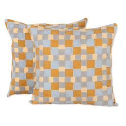 Square Illusion,'Square Embroidered Cotton Cushion Covers from India (Pair)'