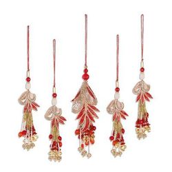 Holiday Gala,'Gold and Red Beaded Ornaments from India (Set of 5)'