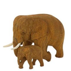 Baby and Mom Elephant,'Hand Made Teak Wood Elephant Statuette from Thailand'