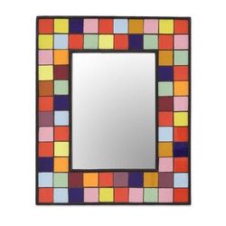 'Multi-Colored Square Tiles Ceramic Mango Wood Wall Mirror'