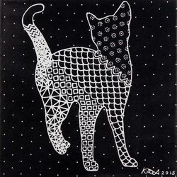 Happy Cat,'Signed Black and White Acrylic Painting of Cat from Thailand'