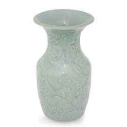Celadon ceramic vase, 'Floral Fantasy' - Celadon Ceramic Vase