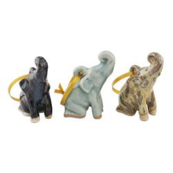 Celadon ceramic ornaments, 'Holiday Elephants' (set of 3)