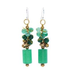 Green Touch,'Quartz and Brass Beaded Dangle Earrings with Silver Hooks'