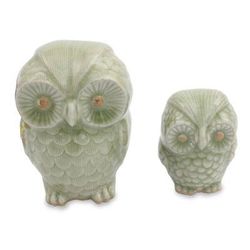 Celadon ceramic figurines, 'Little Light Green Owls' (pair)