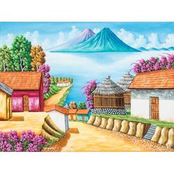 Lake Atitlan,'Colorful Signed Oil Painting of Lake Atitlan'