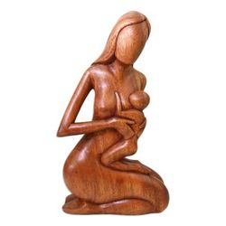 Mother and Her Child,'Hand Carved Suar Wood Sculpture'