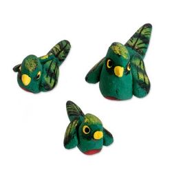 'Set of 3 Hand-painted Quetzal-themed Ceramic Figurines'