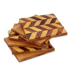 Diagonal Elegance,'Diagonal Motif Mango Wood Coasters from India (Set of 6)'
