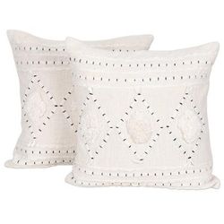 Ivory Diamonds,'Embroidered Cotton Cushion Covers from India (Pair)'