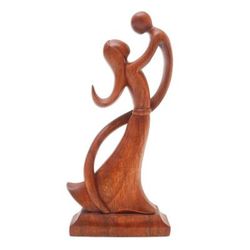 Dancing with Son,'Balinese Hand-Carved Mother and Son Wood Sculpture'