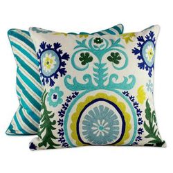 Embroidered cushion covers, 'Aqua Fusion' (pair)