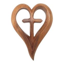 Cross My Heart,'Hand Carved Suar Wood Relief Panel Heart Cross'