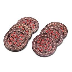 Phoenix Flowers,'Hand Stamped Wood Batik Coasters from Java (Set of 6)'