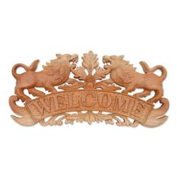 Welcoming Lions,'Handcrafted Suar Wood Lion Welcome Relief Panel from Bali'