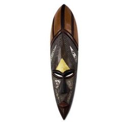 African Empress,'Tall African Wood Mask with Brass and Aluminum Accents'